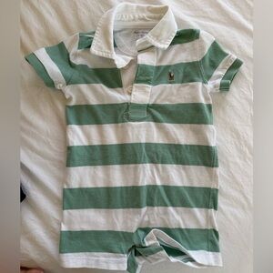 Infant Ralph Lauren Green & White Striped Polo Romper | EUC | Spring 6-12 months